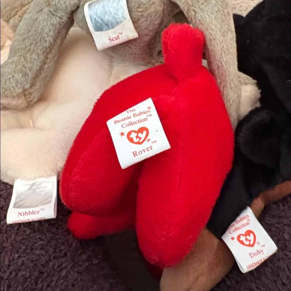 Beanie Babies Plush Toy Set - Bunny, Cat and Dogs Rover Nibbler Scat and Dobie